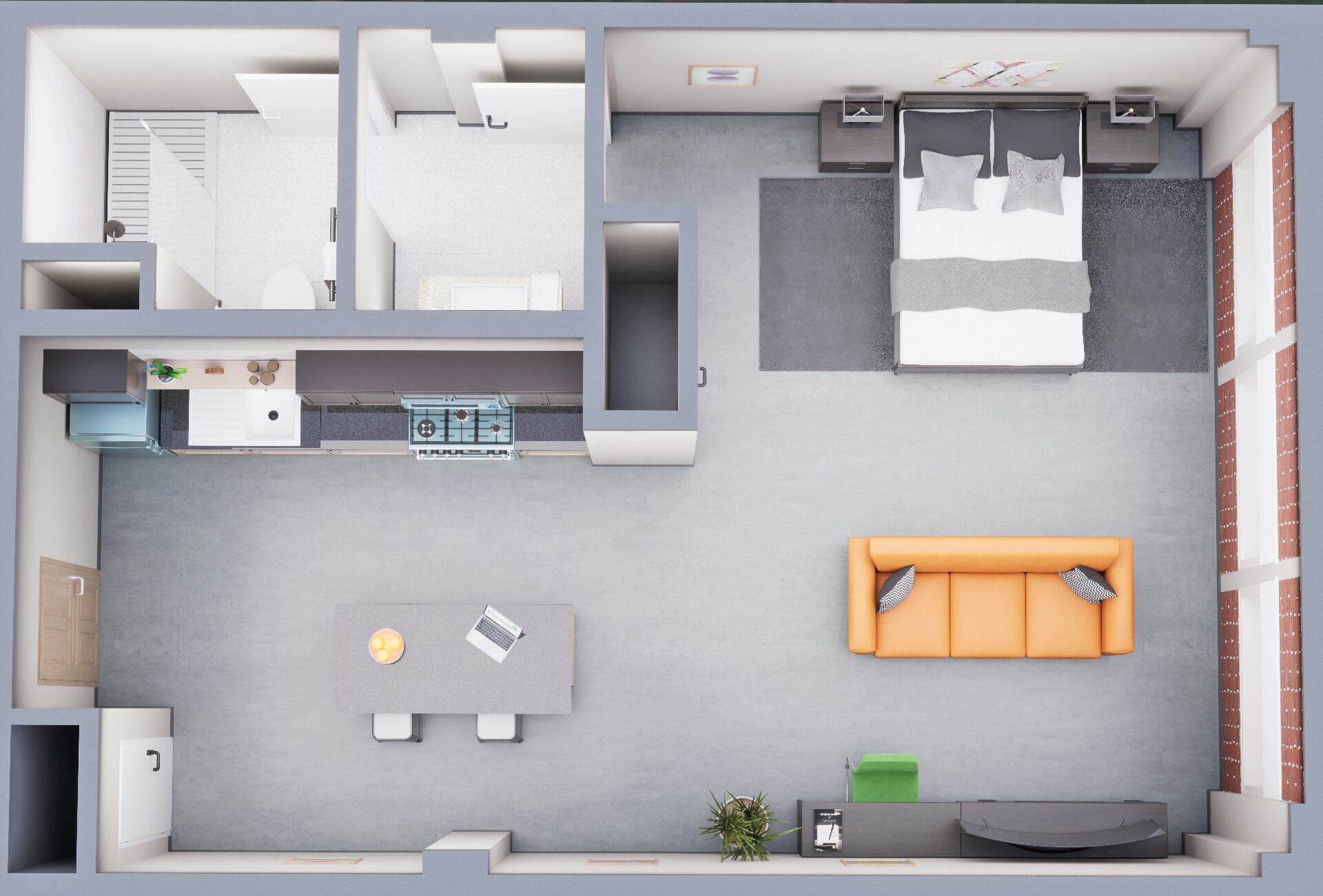 A hotel room with a large bed , desk , chair and balcony.