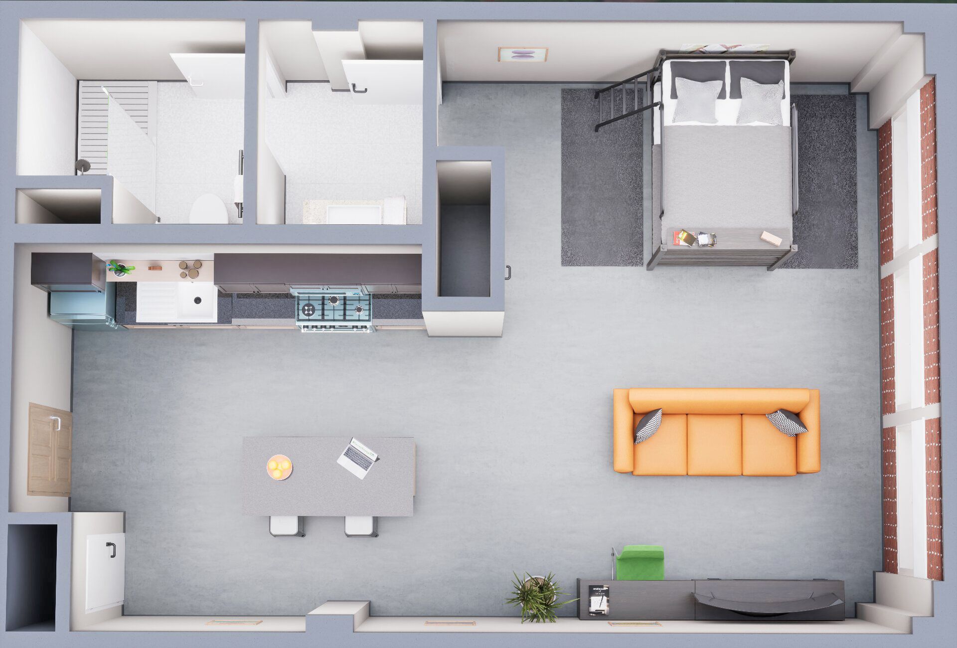 A living room with a brown leather couch and a wooden coffee table.