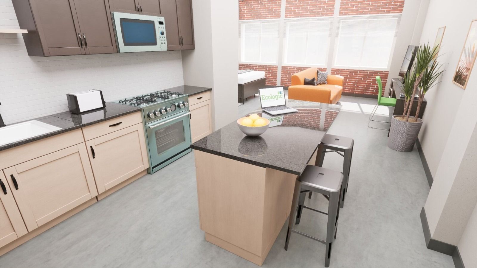 Modern kitchen with island, seating, and appliances. View to living area with orange sofa and window.