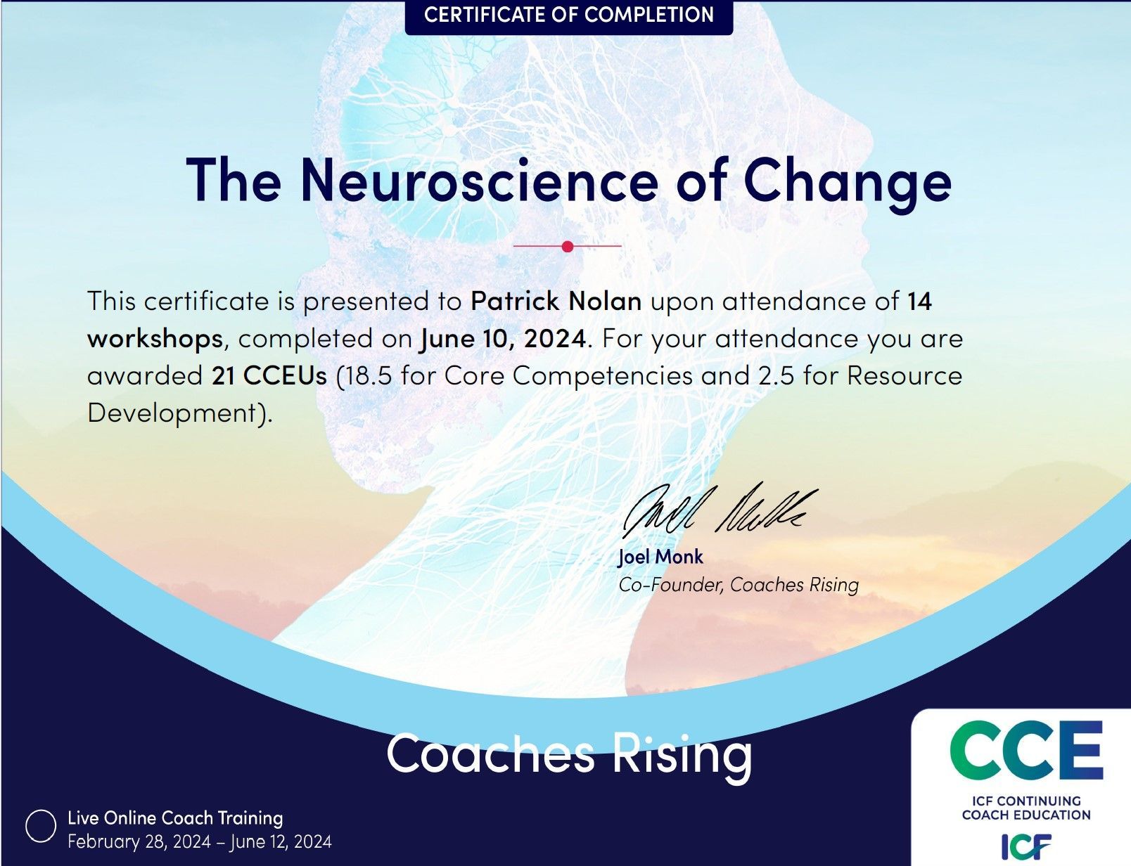 Coaches Rising Neuroscience of Change Course Certificate completion