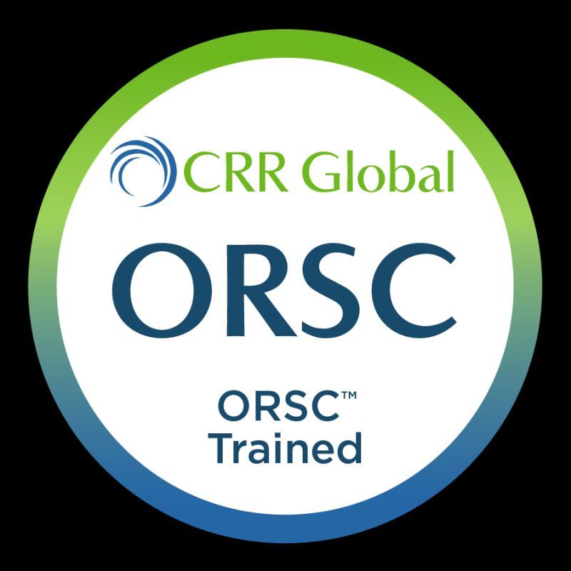 CRR Global ORSC Trained badge, white text on blue and green circle.