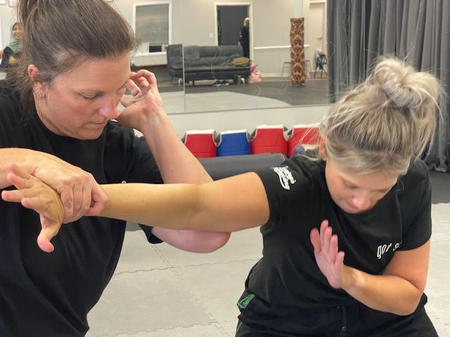 Two women are practicing martial arts in a gym.