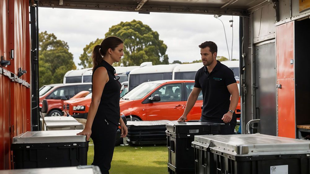 A man and a woman are standing next to each other in a parking lot.