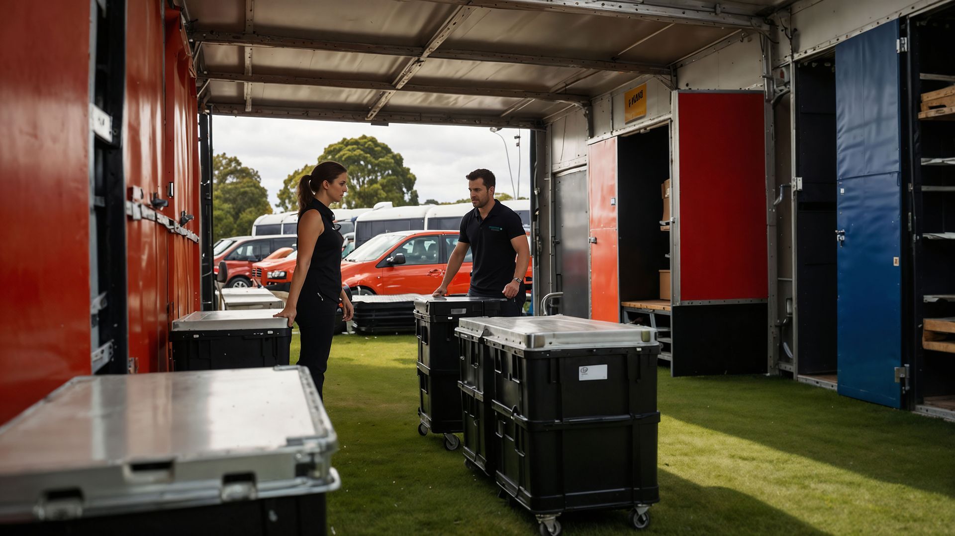 A man and a woman are standing in a room filled with boxes.