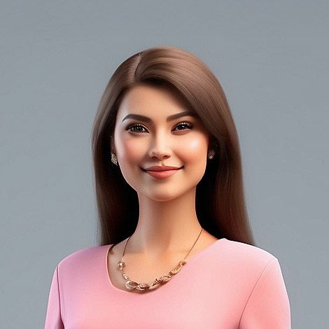 A woman in a pink dress and necklace is smiling.