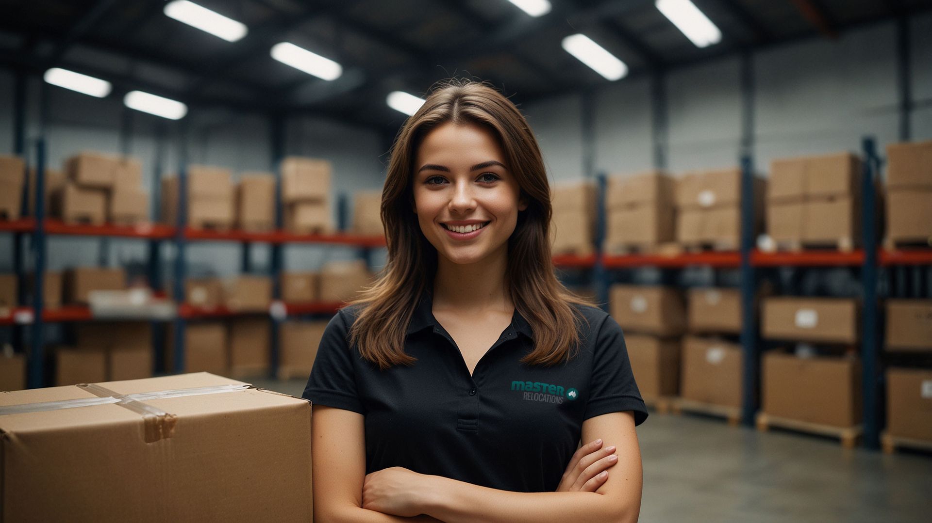 A woman is standing in a warehouse with her arms crossed.