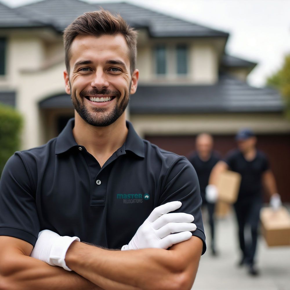 A man wearing white gloves and a black shirt with the word moving on it
