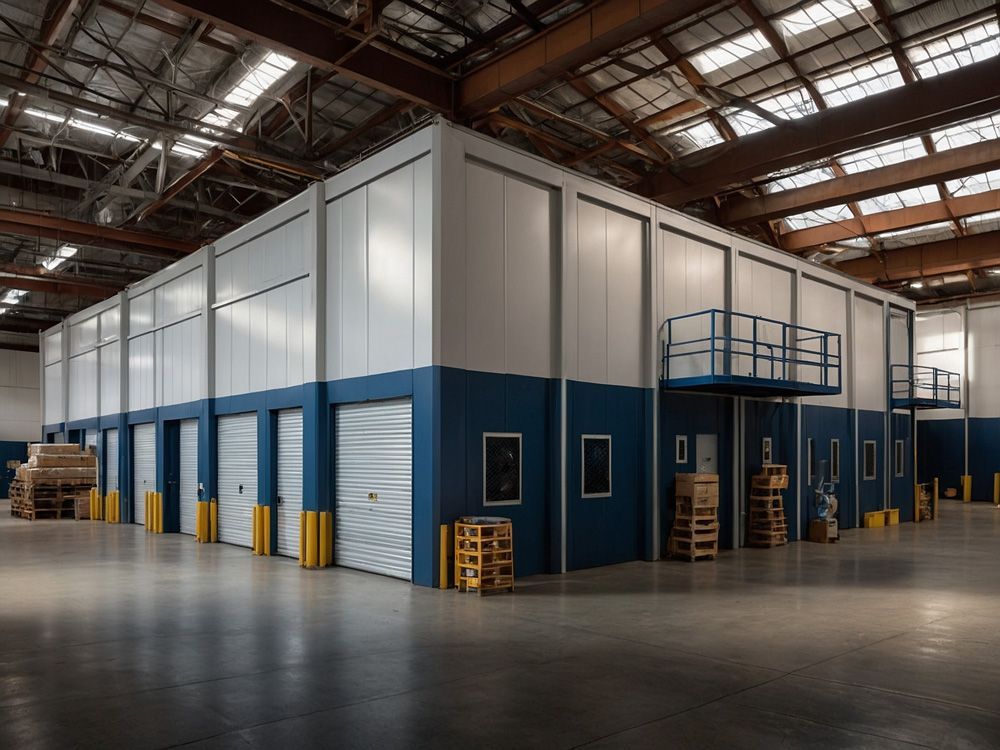 A large warehouse with blue and white walls and a balcony.