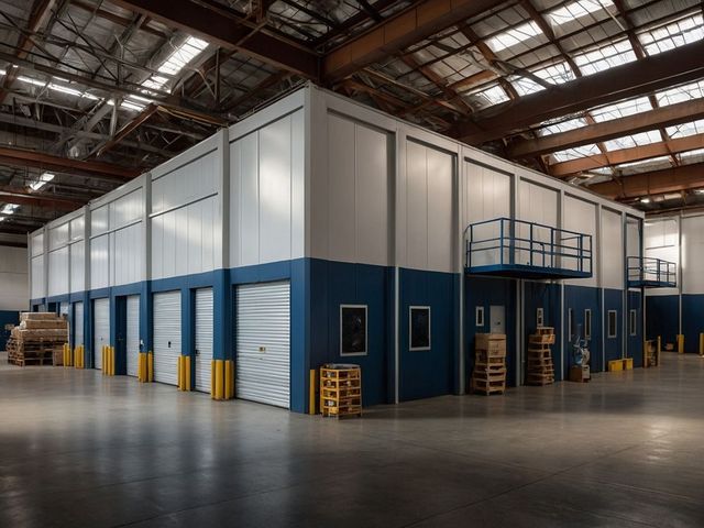 A large warehouse with blue and white walls and a balcony.