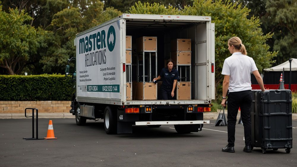 A man and a woman are standing in front of a moving truck.