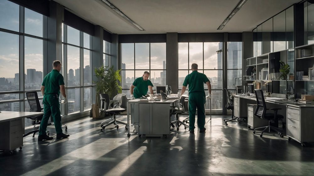 A group of men in scrubs are cleaning an office.