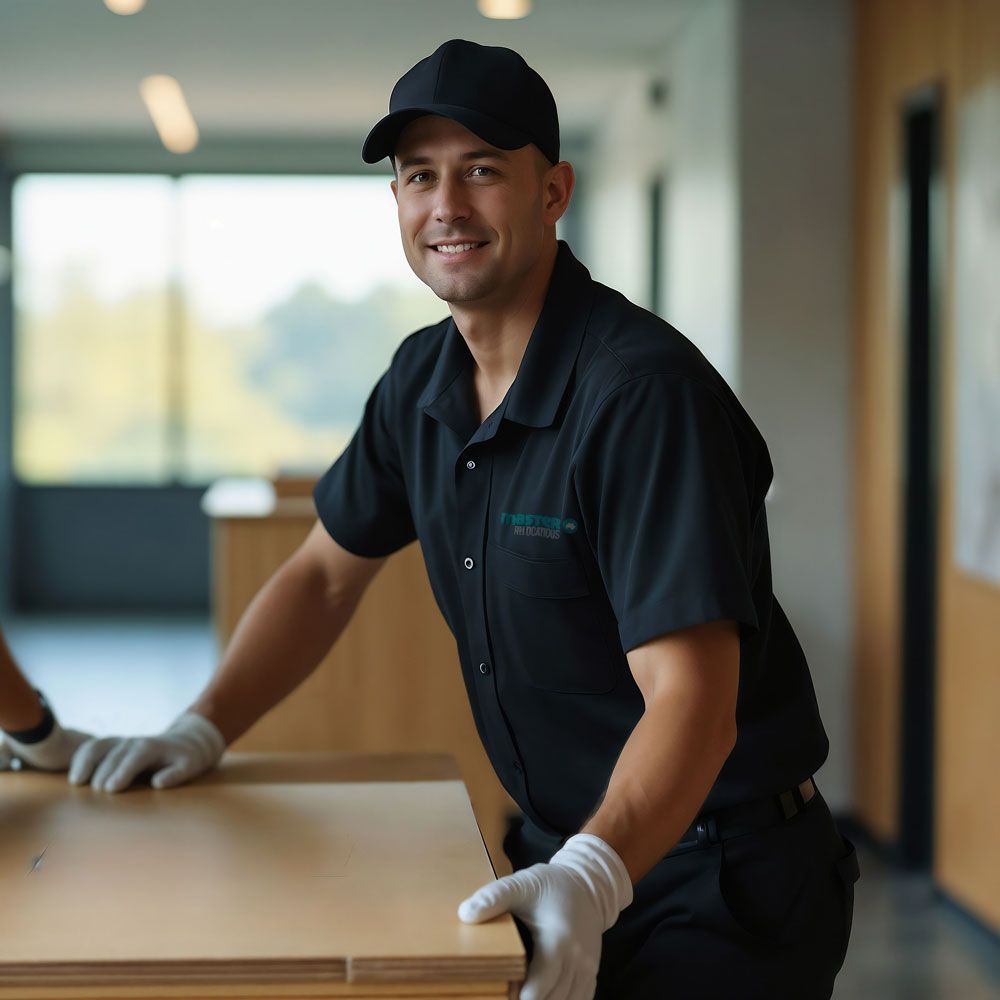 A man wearing a hat and gloves is leaning on a counter