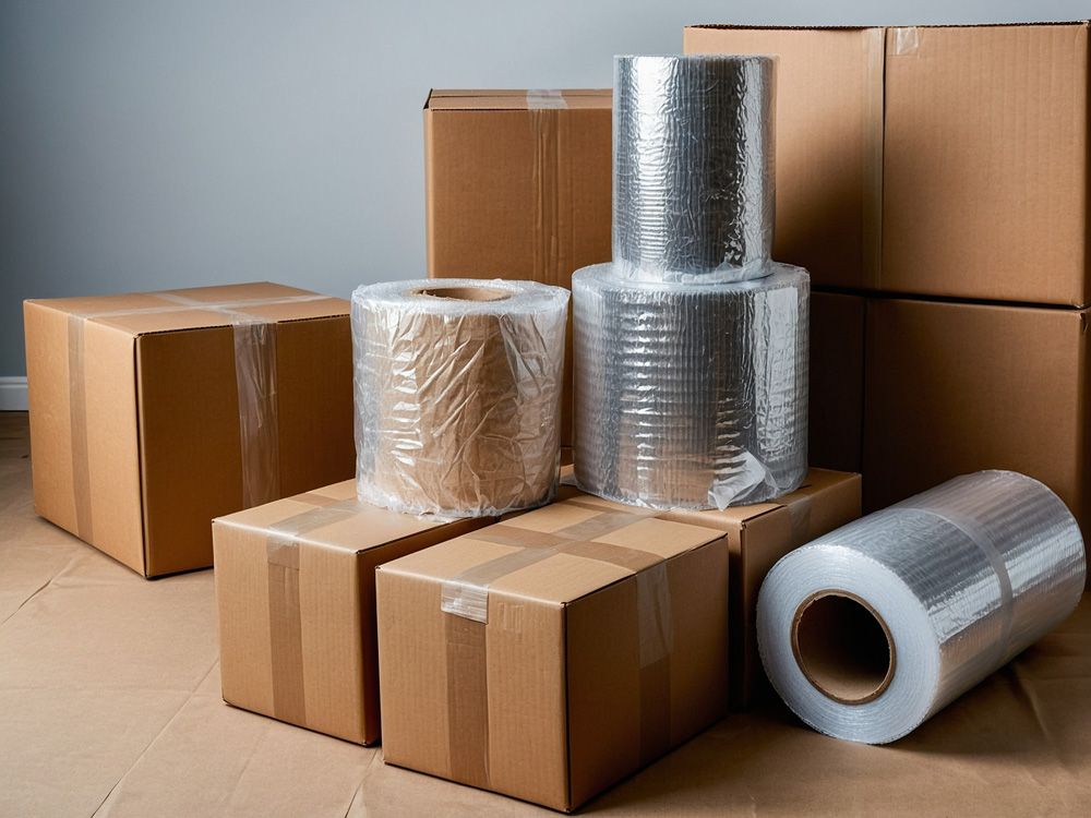 A bunch of cardboard boxes and rolls of plastic wrap on the floor.