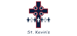 The logo for st. kevin 's is a cross with people holding hands around it.