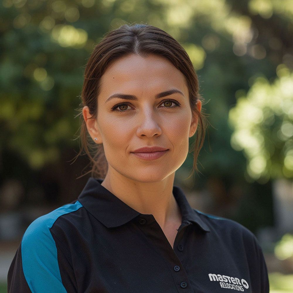 A woman wearing a black and blue polo shirt is looking at the camera.