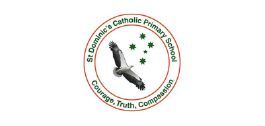 The logo for st. dominic 's catholic primary school shows a bird flying in a circle.