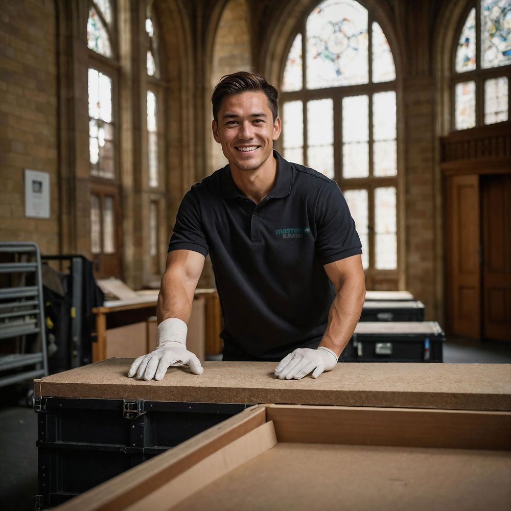 A man wearing white gloves is leaning on a wooden table.