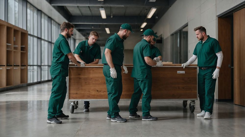 A group of men in green scrubs are standing around a wooden table.
