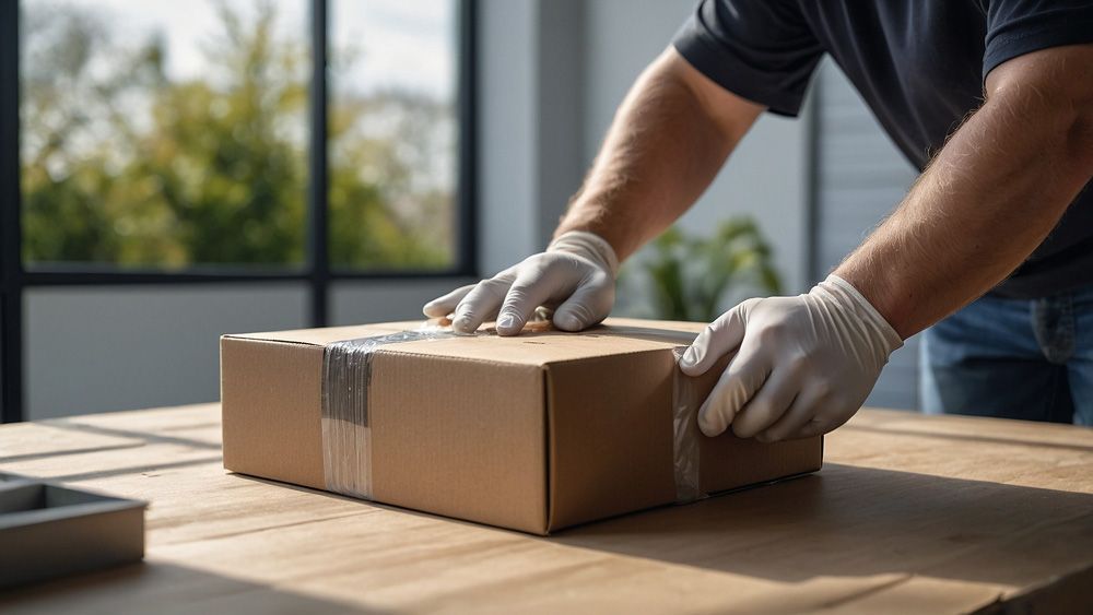 A man wearing gloves is packing a cardboard box on a wooden table.