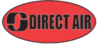 Logo de « Direct Air » en texte noir sur un ovale rouge, avec des flèches entourant un symbole « D » noir.