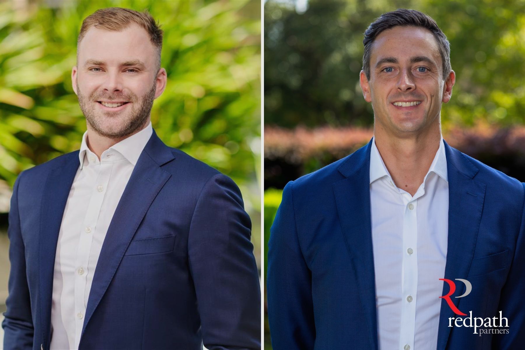 Two men wearing navy suits and white shirts, posed against a blurred outdoor backdrop with a corporate logo on the right.