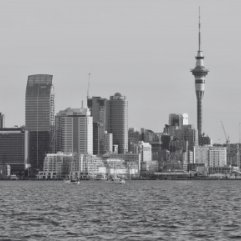 A black and white view of the Auckland skyline, featuring the Sky Tower and surrounding city buildings along the waterfront.