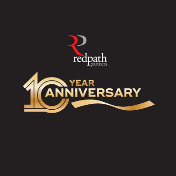Redpath Partners 10 Year Anniversary logo in gold and white on a black background.
