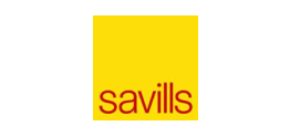 The Savills logo, featuring the word "savills" in dark red lowercase letters centered on a bright yellow square background.