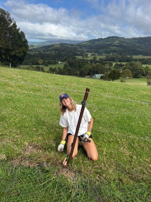 A person kneels in a grassy, hilly field while planting a sapling, smiling toward the camera.