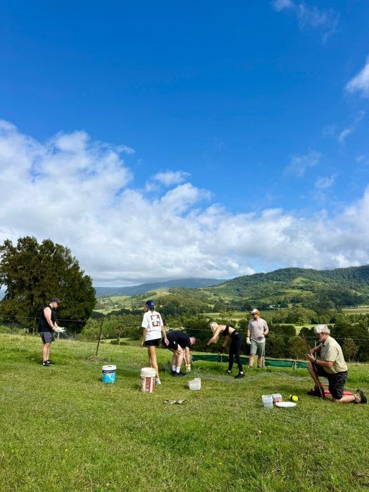 A group of people standing on a grassy hill with buckets, likely gardening or surveying in a rural landscape.