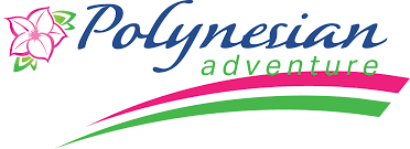 A logo for polynesian adventure with a pink , green and white stripe.