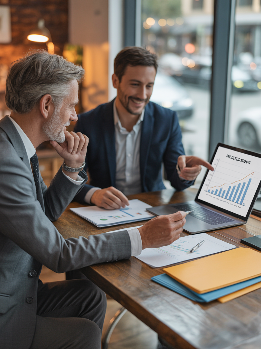 Two men in suits reviewing financials