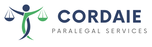 Logo for Cordaie Paralegal Services: Figure holding scales, text 