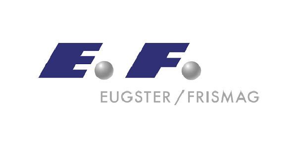 Logo von Eugster / Frismag, bestehend aus den Buchstaben „E“ und „F“ in Blau mit grauen Kugeln und dem Firmennamen darunter in Grau.