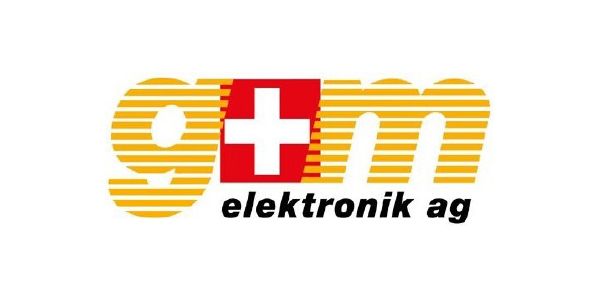 Logo für gm elektronik ag mit stilisiertem Goldtext und einem rot-weissen Schweizer Kreuz.