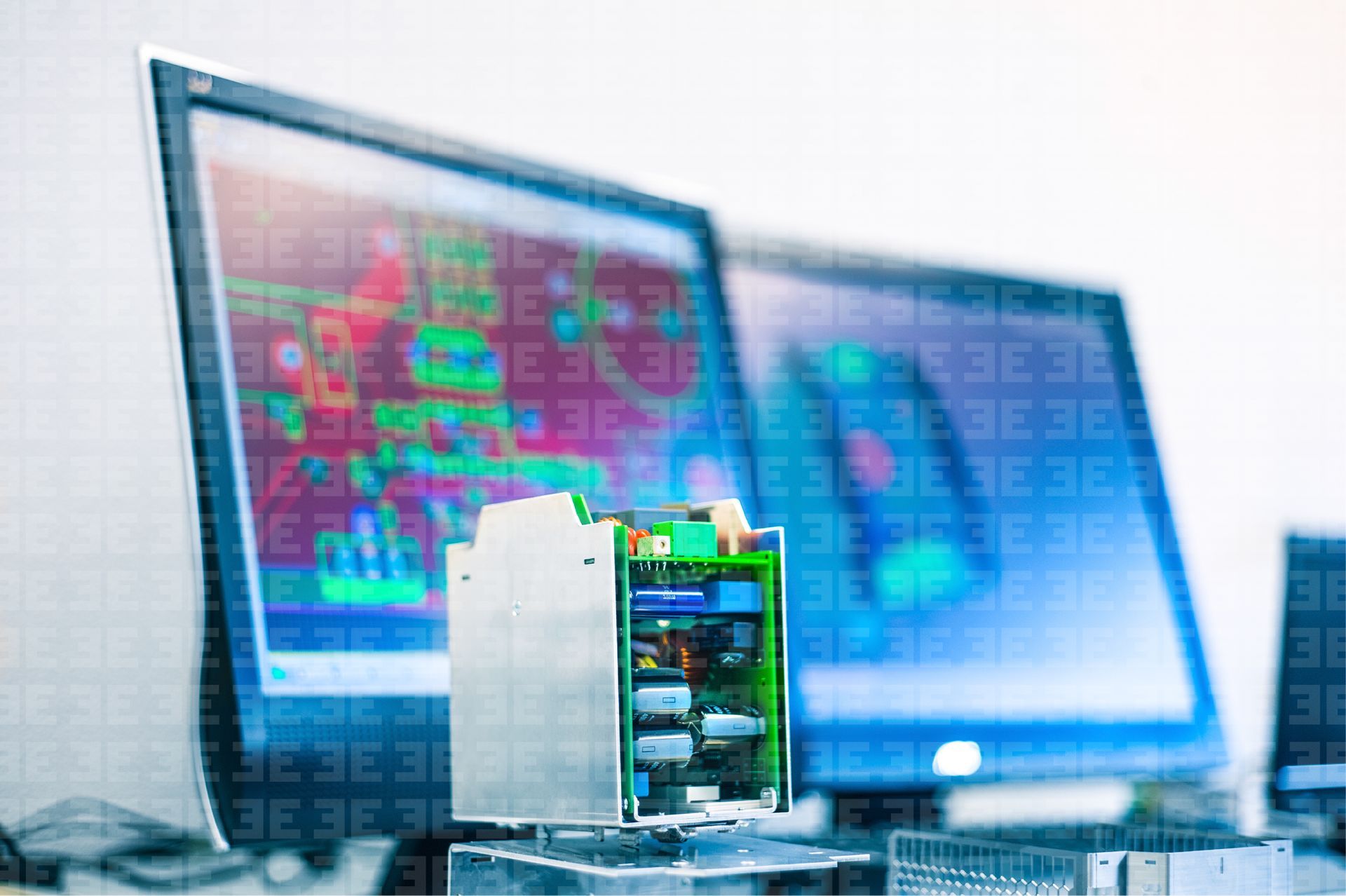 In einem hell erleuchteten Büro steht eine Leiterplatte vor zwei Computermonitoren, auf denen Schaltpläne und 3D-Renderings angezeigt werden.