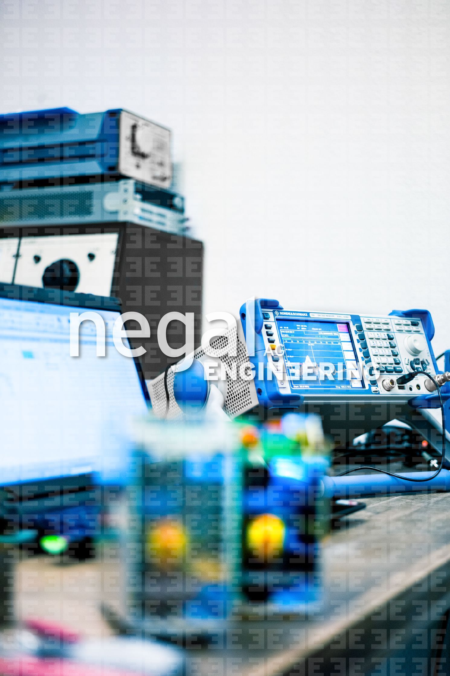 Auf einer Holzoberfläche stehen Laborgeräte, darunter ein Spektrumanalysator, ein Laptop und andere Geräte.