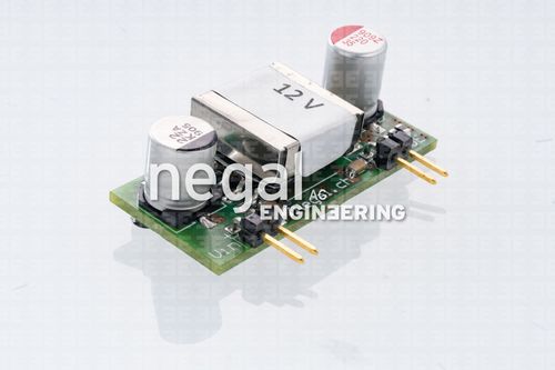 Grüne Platine mit einem 12V-Stromrichtermodul und zwei Zylinderkondensatoren.