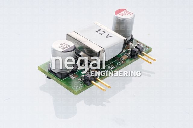 Grüne Platine mit einem 12V-Stromrichtermodul und zwei Zylinderkondensatoren.