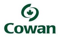 The logo for cowan is green and has a maple leaf in the middle.