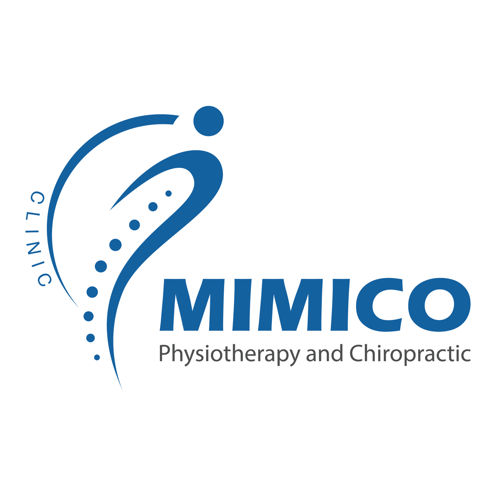 The logo for mimico physiotherapy and chiropractic is blue and white.
