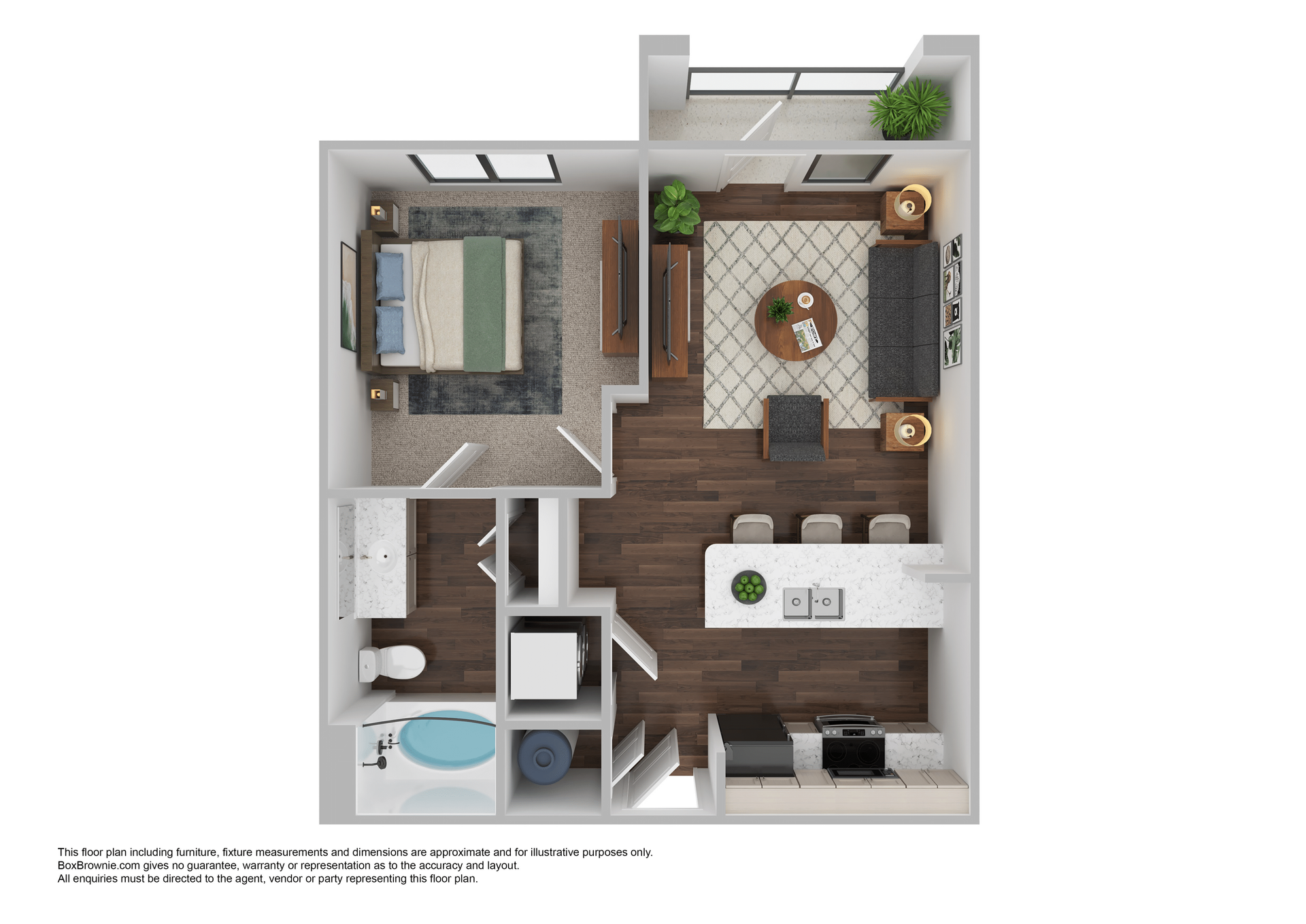 Floor plan of a modern one-bedroom apartment, with furniture in a neutral color palette.