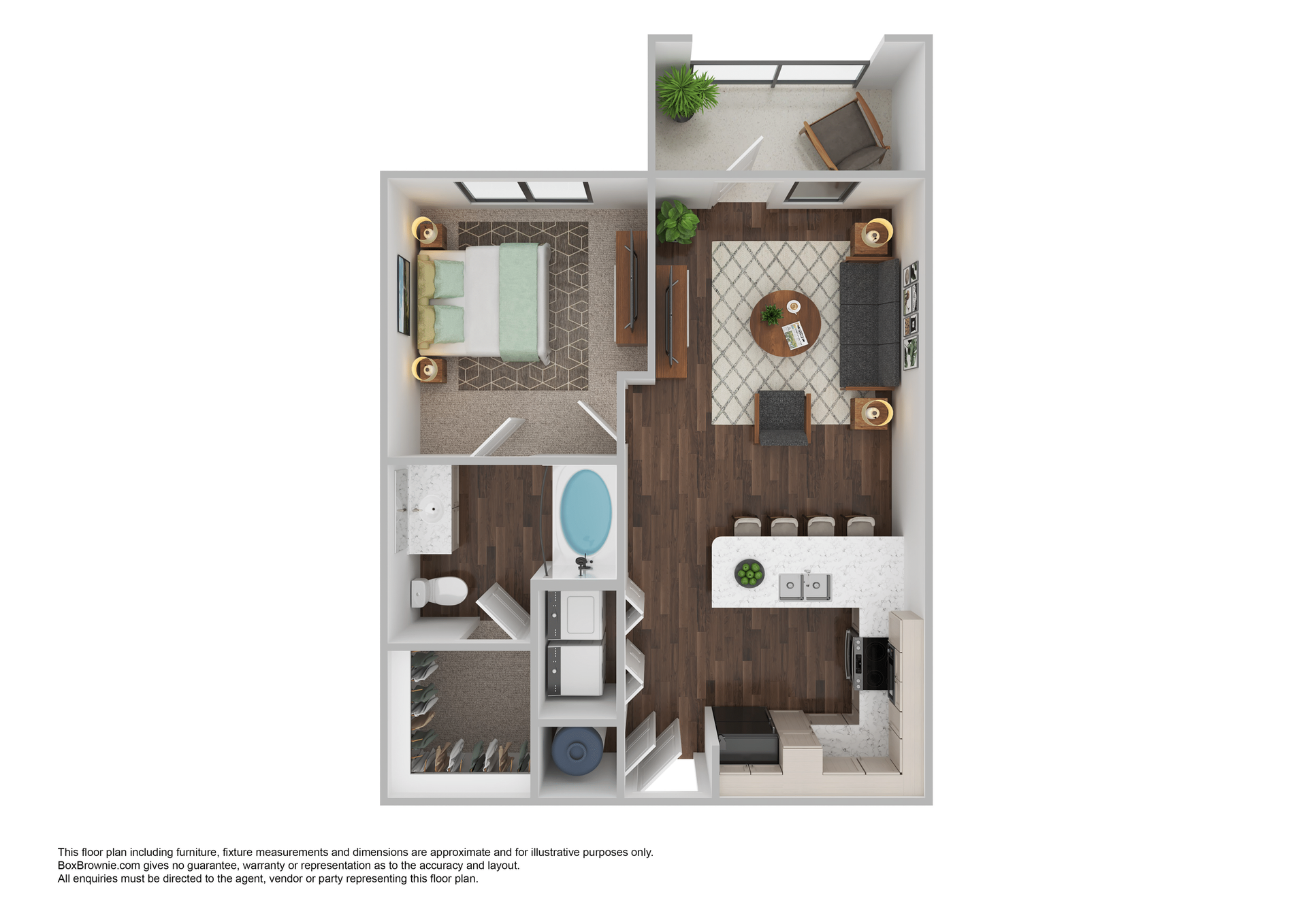 Floor plan of a one-bedroom apartment. Shows bedroom, bathroom, kitchen, living area, and balcony with furniture.