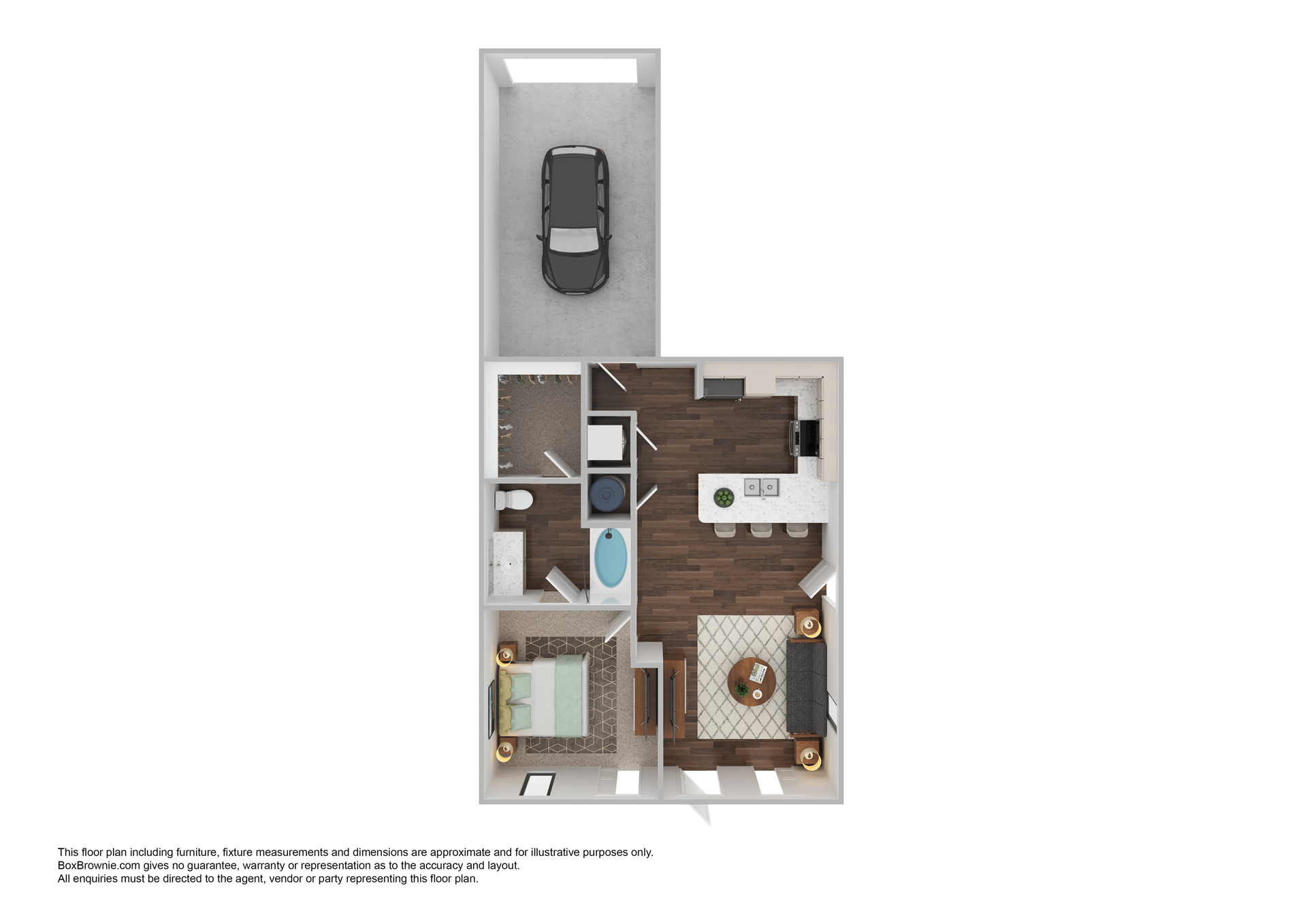 Floor plan of a one-bedroom apartment with a garage and a car.