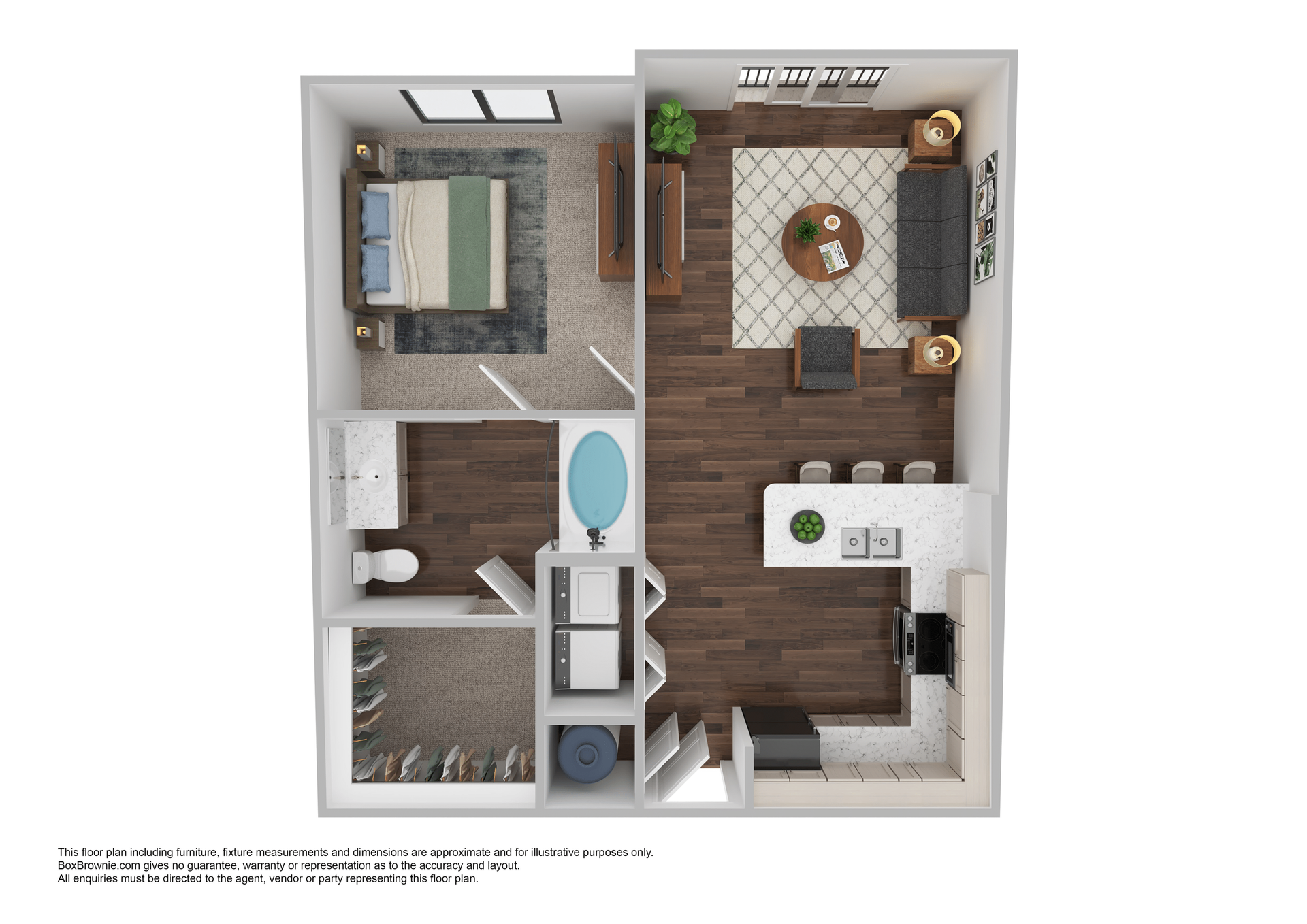 Floor plan of a one-bedroom apartment; includes bedroom, living area, kitchen, and bathroom layout.