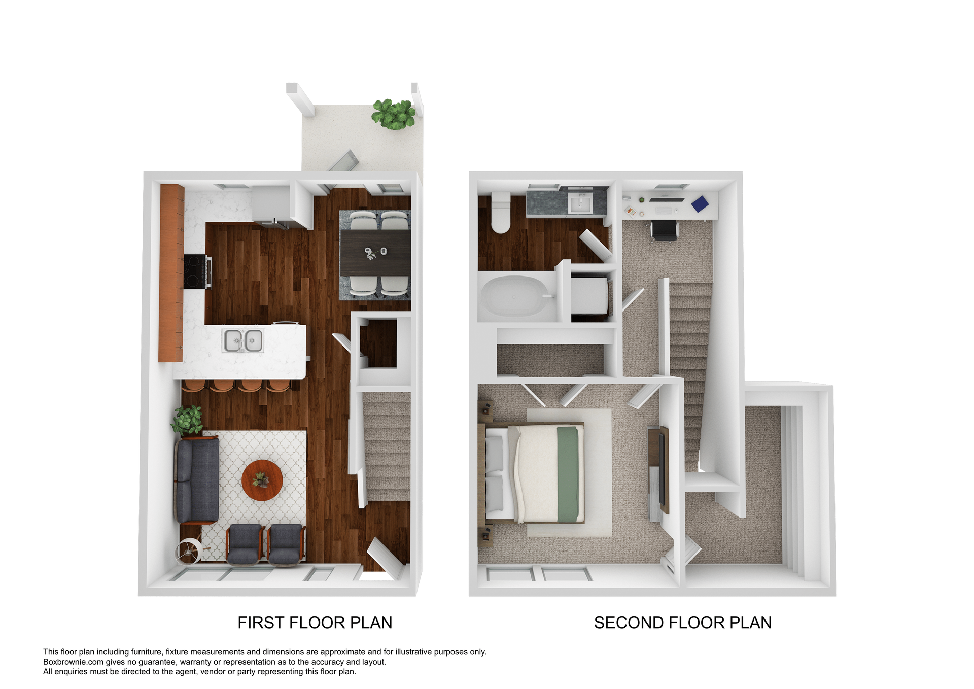 Floor plan of a two-story townhouse. The first floor has a kitchen and living area; the second floor has a bedroom and bathroom.