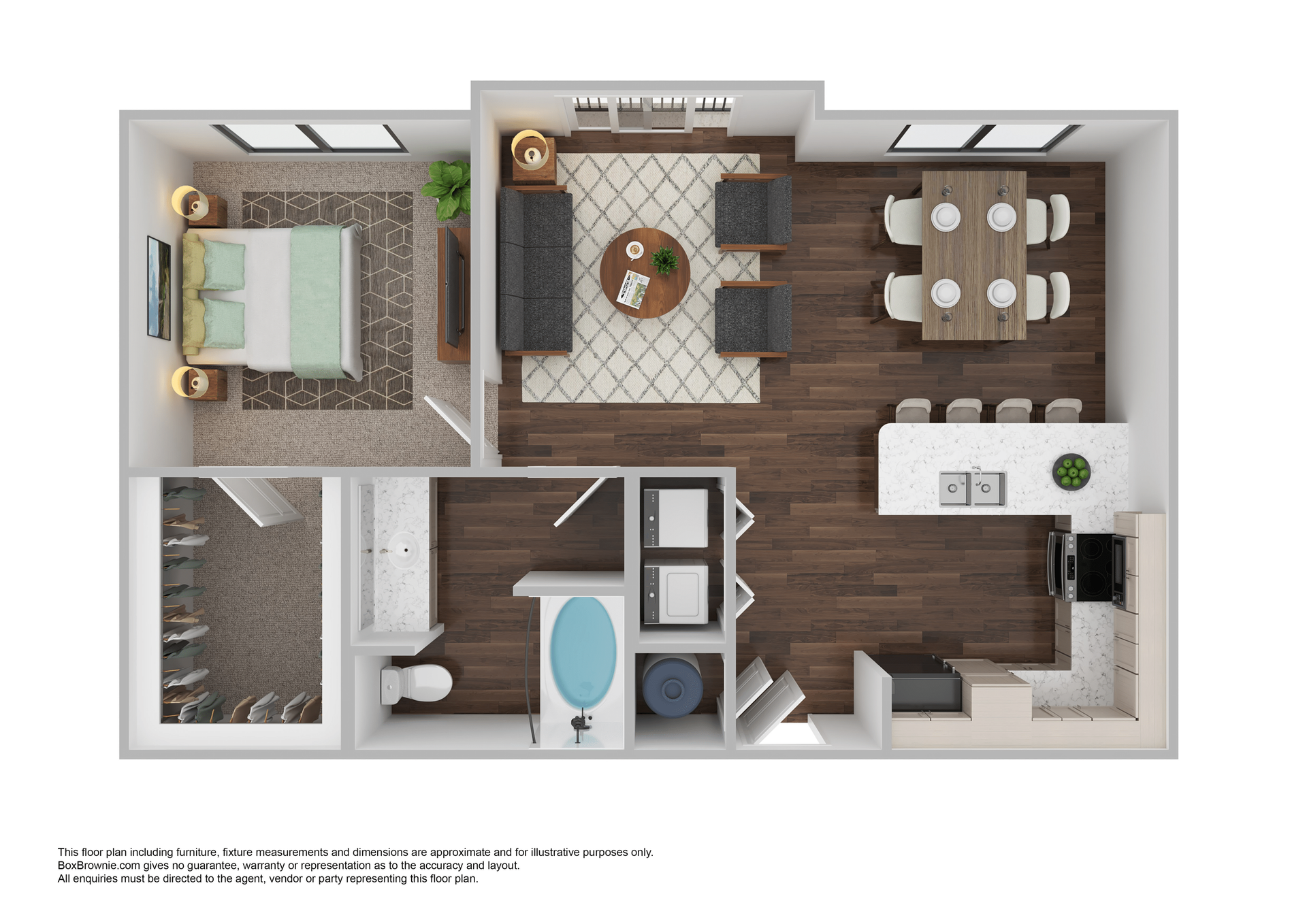Floor plan of a furnished apartment with a bedroom, living room, kitchen, and bathroom.