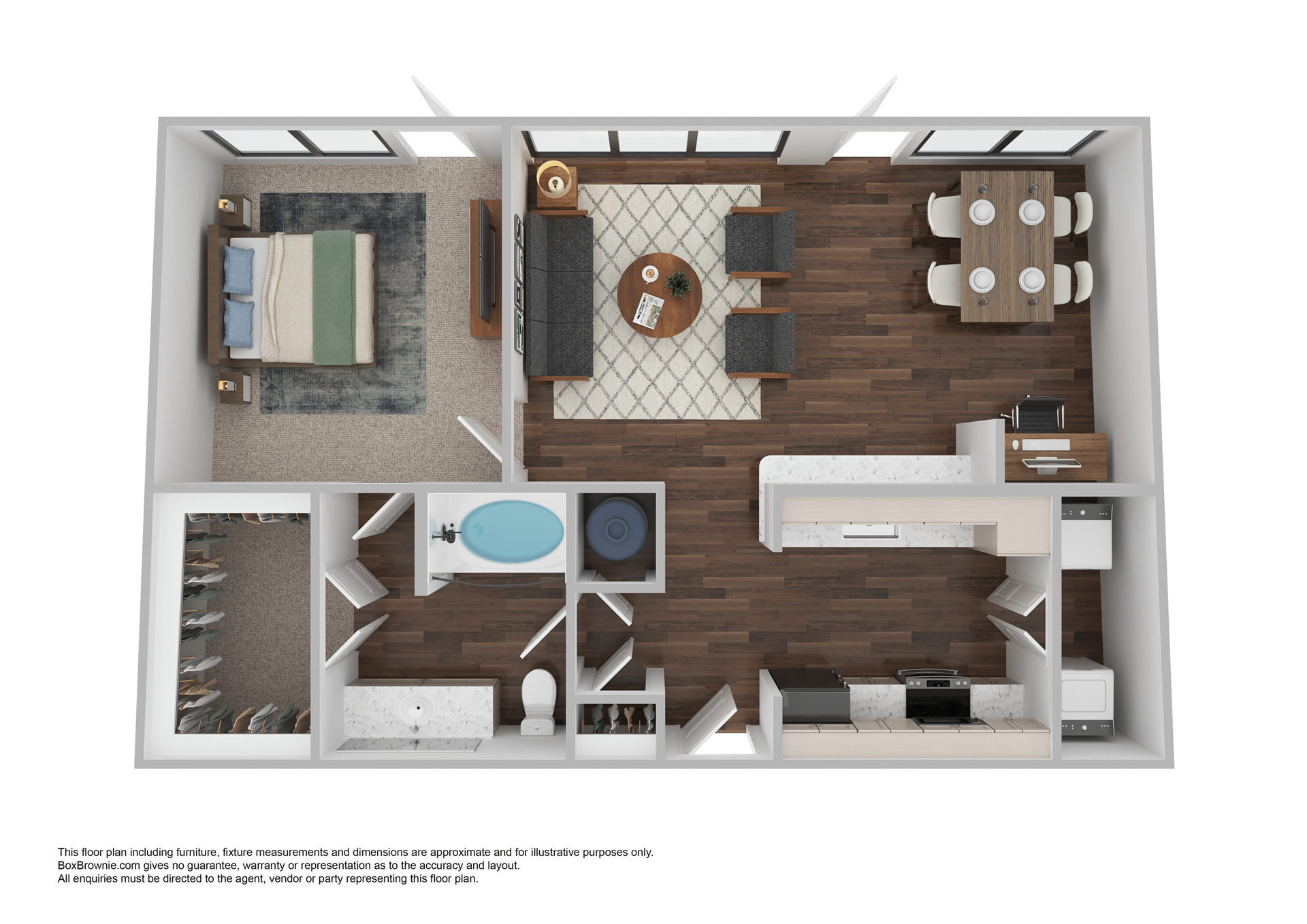 Floor plan of an apartment with a bedroom, bathroom, kitchen, and living/dining area.