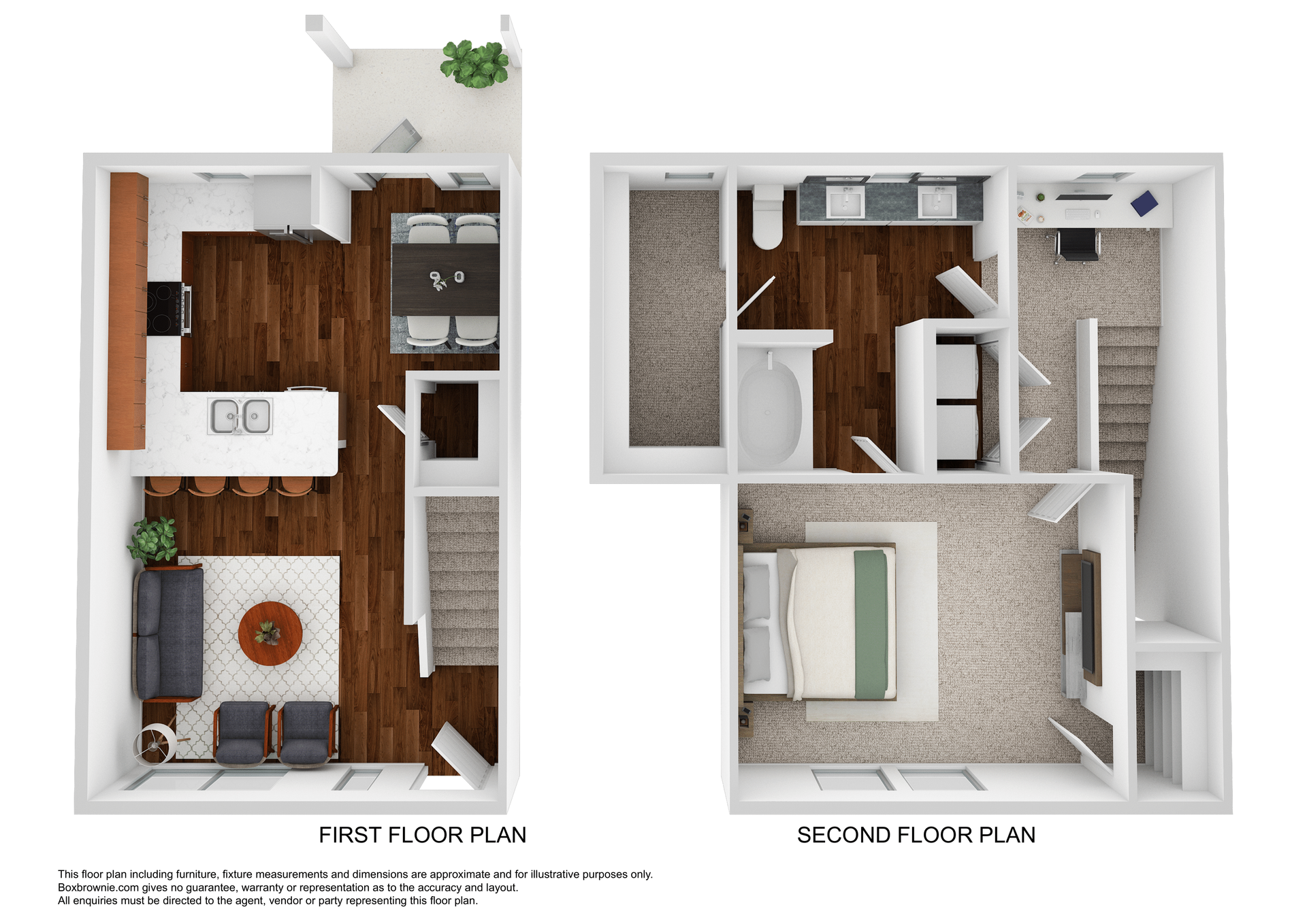 Floor plan of a two-story apartment. Kitchen, living room, dining on the first floor. Bedroom and bathroom on second.