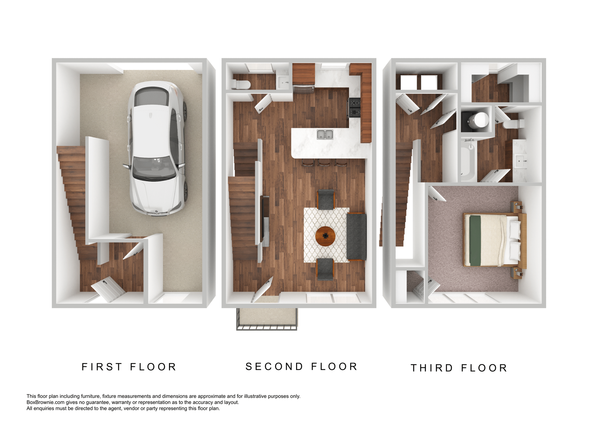Floor plan of a three-story townhouse with a garage, kitchen, living room, and bedroom.